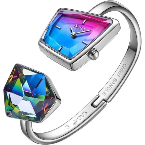 Women's Red Blue Cuff Bangle Quartz Watch Shaped Mineral Case Stainless Steel - Picture 4 of 7